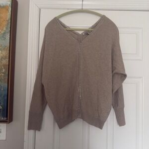 Autumn Cashmere Beige‎ Chain-Trim V-Neck Cashmere Sweater – Women's Small